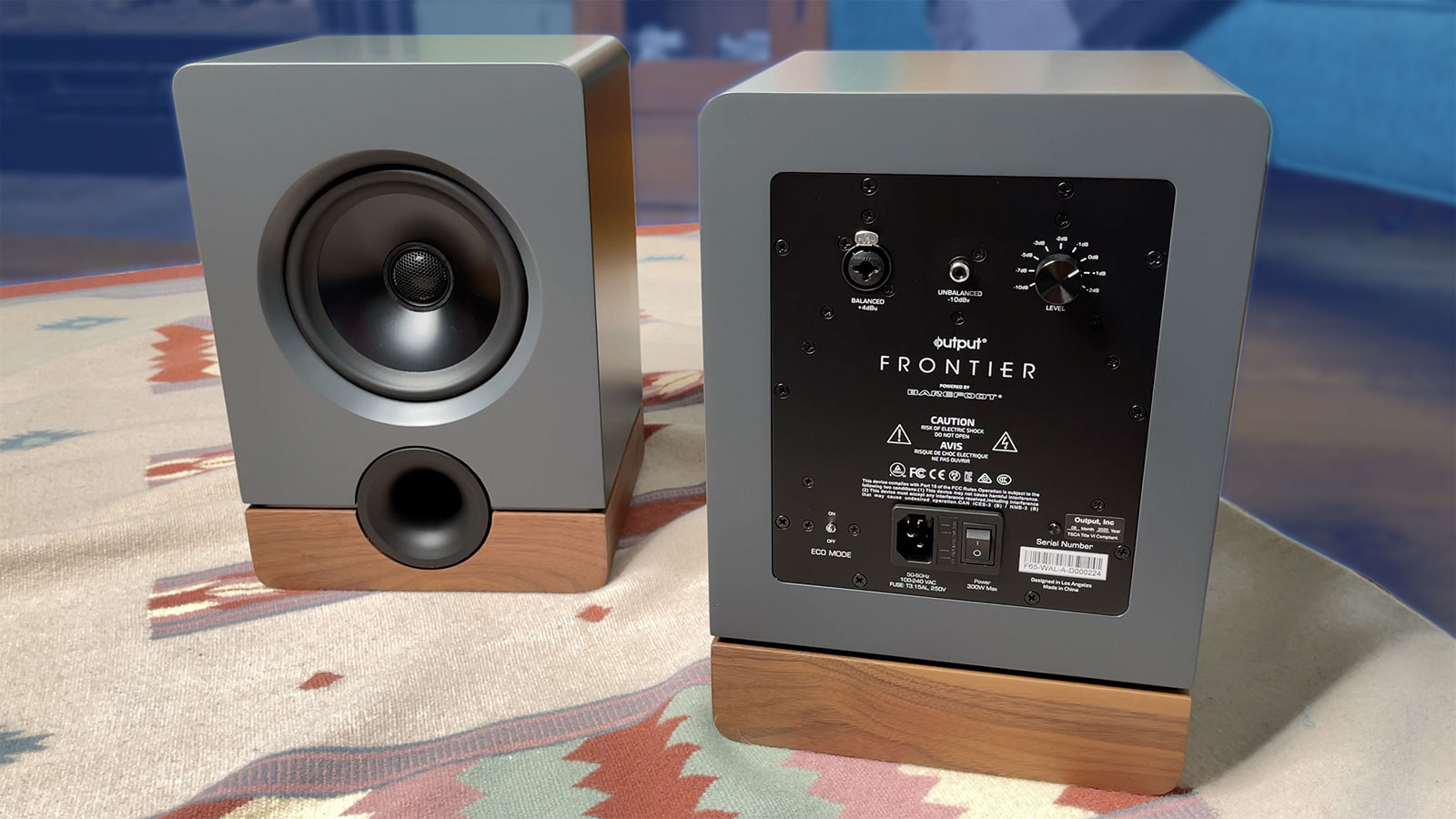 Photo of two Output Frontier Speakers, one facing forward and one facing backward